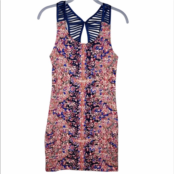 Free People Digital Damsel Open Back Bodycon Mini Dress Pink Blue Floral Size XS - Picture 3 of 16